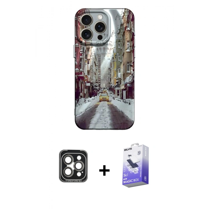 MARSİLYAN™- iPhone 15 Pro Max Kılıf Nova Doku Prime - Siyah Bilvis 5in1 5D Magic Hayalet Cam Ekran Koruyucu + PVD Metal Kamera Lens - GI