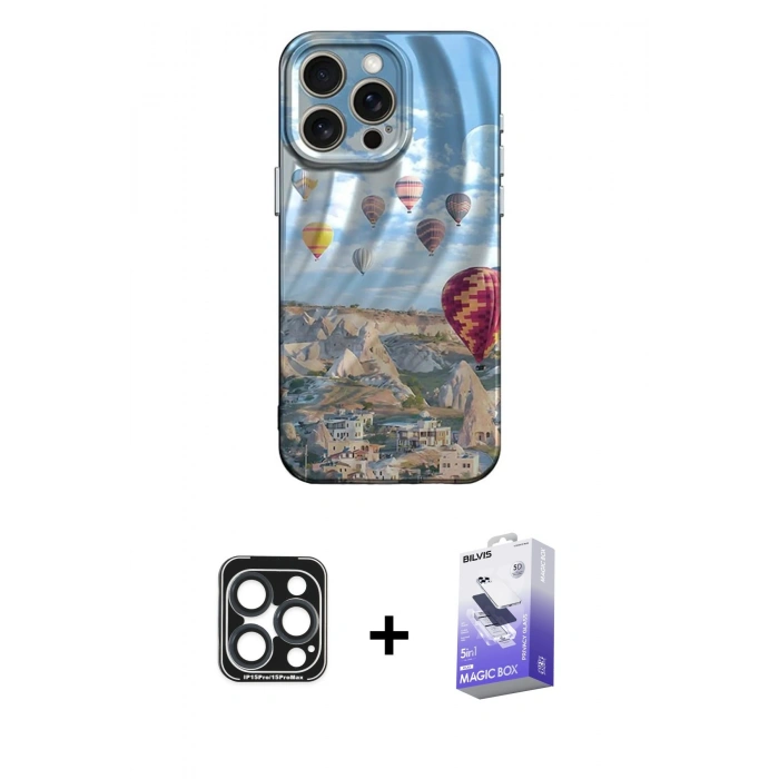 MARSİLYAN™- iPhone 15 Pro Max Kılıf Nova Doku Prime - Siyah Bilvis 5in1 5D Magic Hayalet Cam Ekran Koruyucu + PVD Metal Kamera Lens - LT
