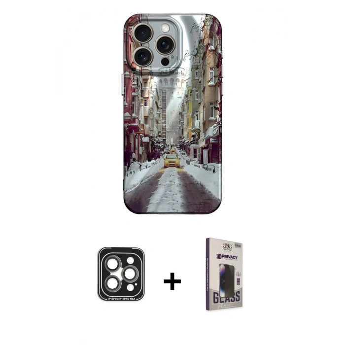 MARSİLYAN™- iPhone 15 Pro Max Kılıf Nova Doku Prime - Siyah Bilvis Hayalet Cam Ekran Koruyucu + PVD Metal Kamera Lens - GI