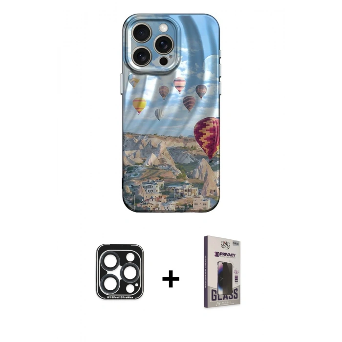 MARSİLYAN™- iPhone 15 Pro Max Kılıf Nova Doku Prime - Siyah Bilvis Hayalet Cam Ekran Koruyucu + PVD Metal Kamera Lens - LT