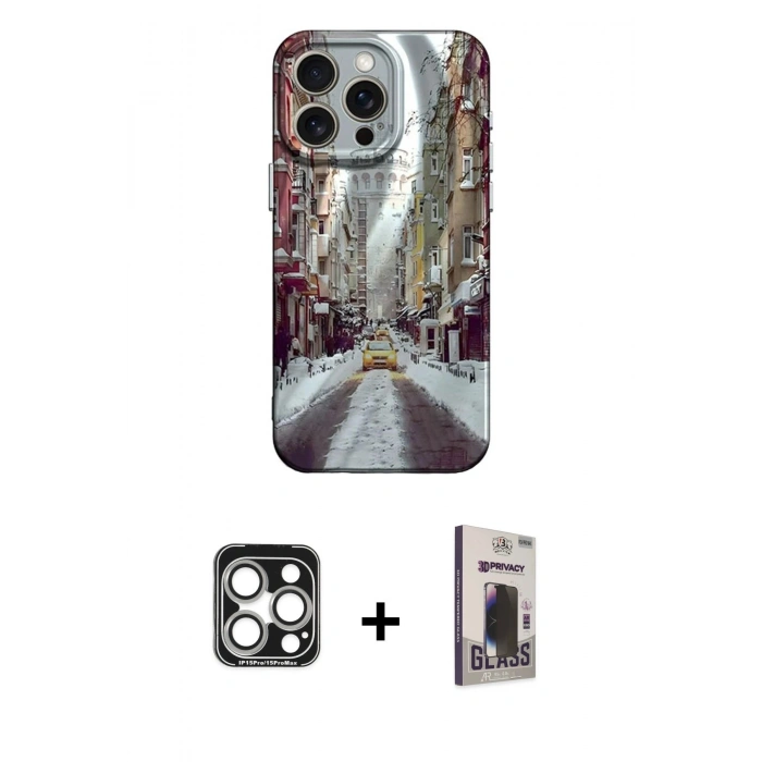 MARSİLYAN™- iPhone 15 Pro Max Kılıf Nova Doku Prime - Siyah Bilvis Hayalet Cam Ekran Koruyucu + PVD Metal Kamera Lens - GS