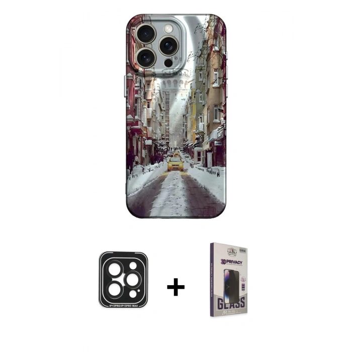 MARSİLYAN™- iPhone 15 Pro Max Kılıf Nova Doku Prime - Siyah Bilvis Hayalet Cam Ekran Koruyucu + PVD Metal Kamera Lens - SH