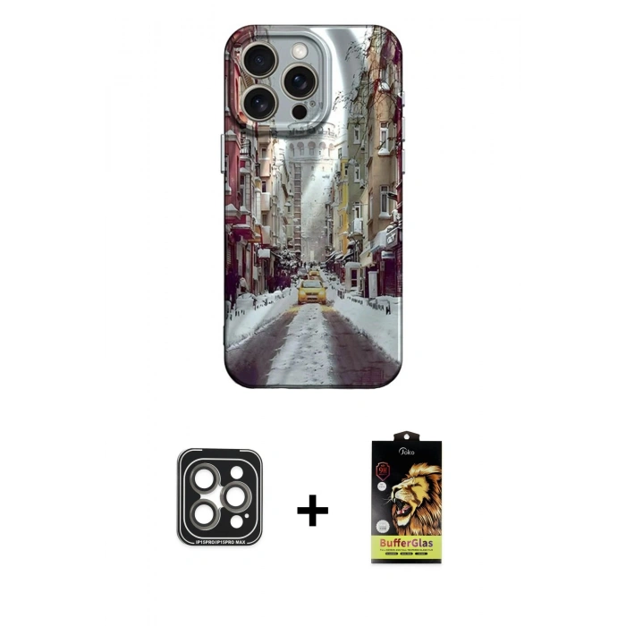 MARSİLYAN™- iPhone 15 Pro Max Kılıf Nova Doku Prime - Siyah Buffer Cam Ekran Koruyucu + PVD Metal Kamera Lens - GI