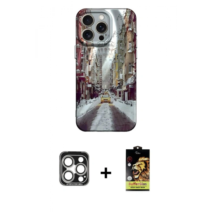 MARSİLYAN™- iPhone 15 Pro Max Kılıf Nova Doku Prime - Siyah Buffer Cam Ekran Koruyucu + PVD Metal Kamera Lens - GS