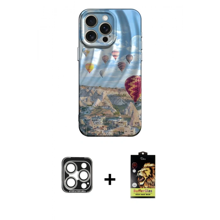 MARSİLYAN™- iPhone 15 Pro Max Kılıf Nova Doku Prime - Siyah Buffer Cam Ekran Koruyucu + PVD Metal Kamera Lens - GS