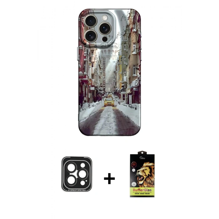 MARSİLYAN™- iPhone 15 Pro Max Kılıf Nova Doku Prime - Siyah Buffer Cam Ekran Koruyucu + Siyah PVD Metal Kamera Lens