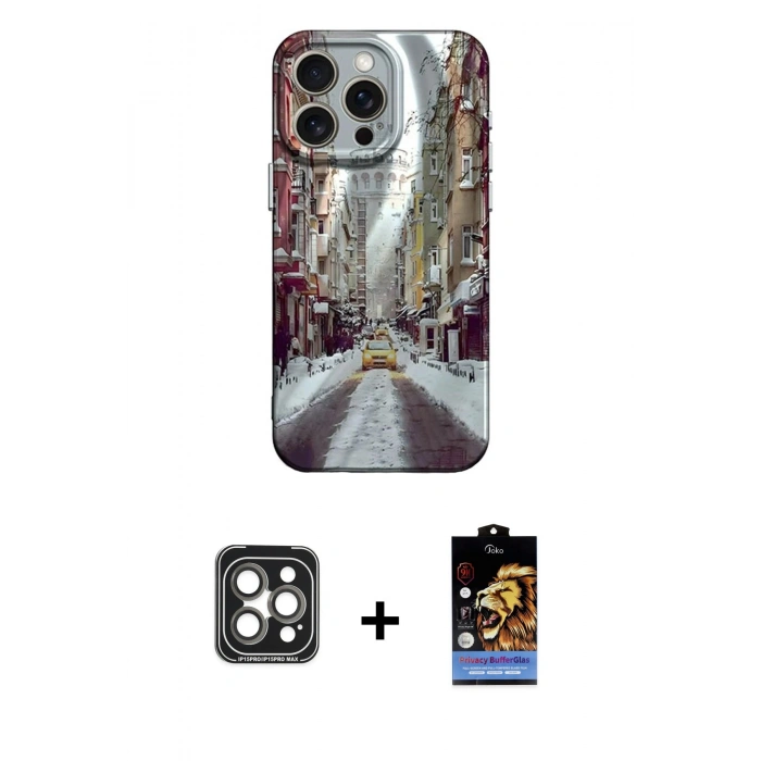 MARSİLYAN™- iPhone 15 Pro Max Kılıf Nova Doku Prime - Siyah Buffer Hayalet Cam Ekran Koruyucu + PVD Metal Kamera Lens - GI