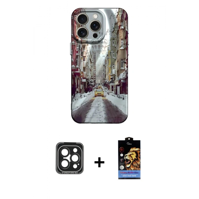 MARSİLYAN™- iPhone 15 Pro Max Kılıf Nova Doku Prime - Siyah Buffer Hayalet Cam Ekran Koruyucu + PVD Metal Kamera Lens - SH