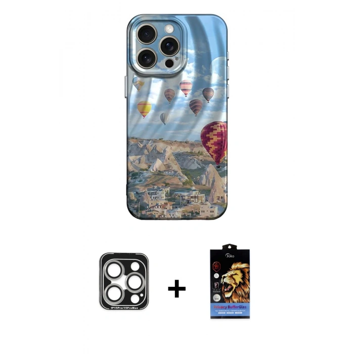 MARSİLYAN™- iPhone 15 Pro Max Kılıf Nova Doku Prime - Siyah Buffer Hayalet Cam Ekran Koruyucu + PVD Metal Kamera Lens - GS