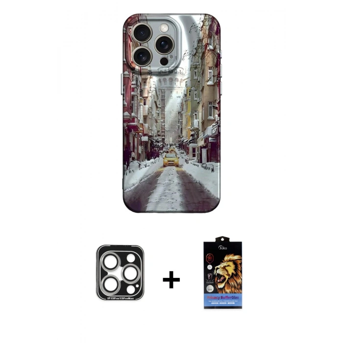 MARSİLYAN™- iPhone 15 Pro Max Kılıf Nova Doku Prime - Siyah Buffer Hayalet Cam Ekran Koruyucu + PVD Metal Kamera Lens - GS