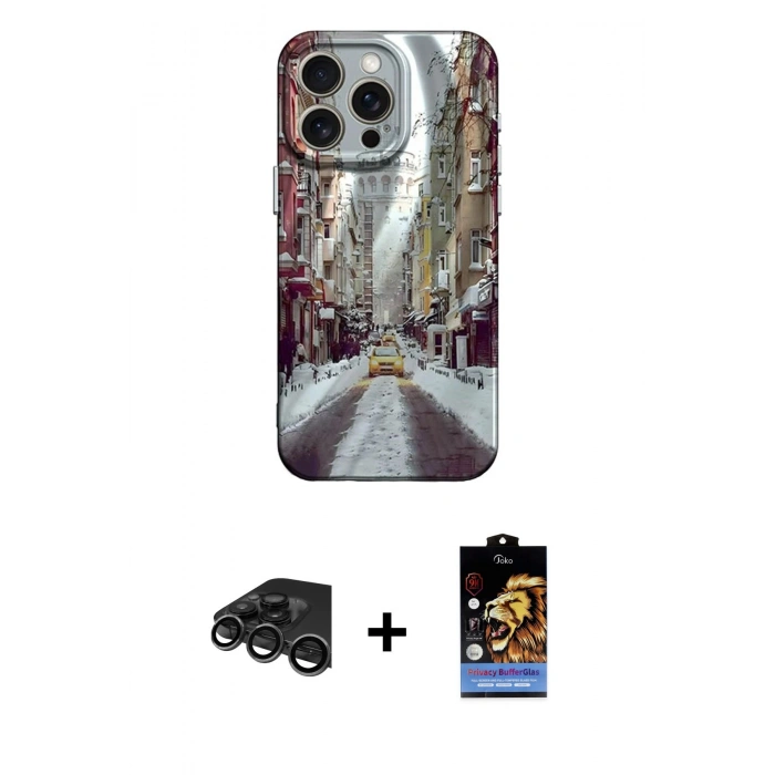 MARSİLYAN™- iPhone 15 Pro Max Kılıf Nova Doku Prime - Siyah Buffer Hayalet Cam Ekran Koruyucu + Raze Metal Kamera Lens - TMGI