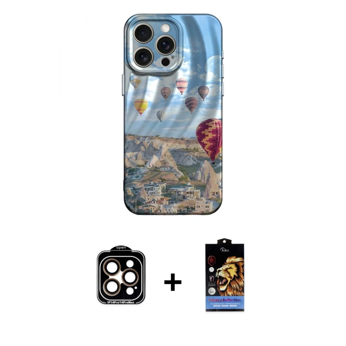 MARSİLYAN™- iPhone 15 Pro Max Kılıf Nova Doku Prime - Siyah Buffer Hayalet Cam Ekran Koruyucu + Turuncu PVD Metal Kamera Lens