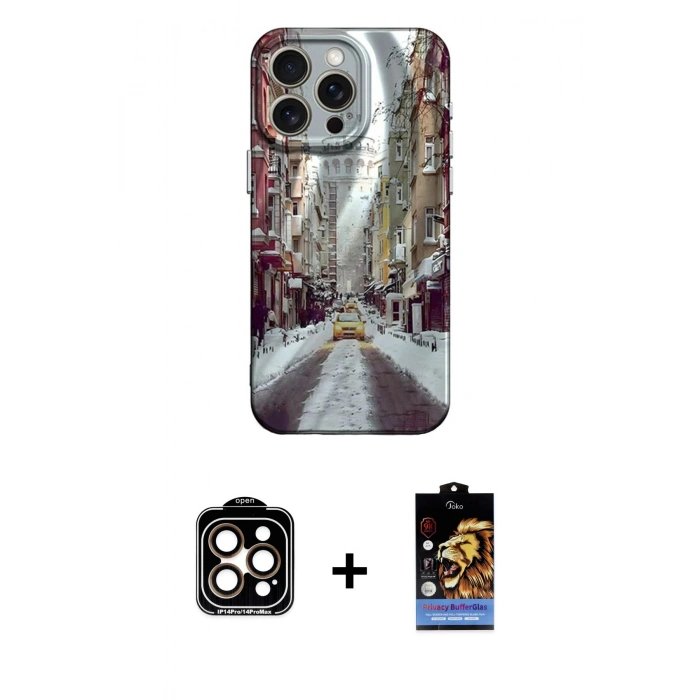 MARSİLYAN™- iPhone 15 Pro Max Kılıf Nova Doku Prime - Siyah Buffer Hayalet Cam Ekran Koruyucu + Turuncu PVD Metal Kamera Lens