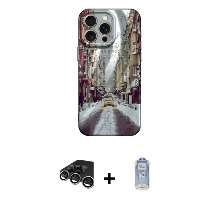 MARSİLYAN™- iPhone 15 Pro Max Kılıf Nova Doku Prime - Siyah Joko Magic 5D Cam + Gümüş Raze Metal Kamera Lens