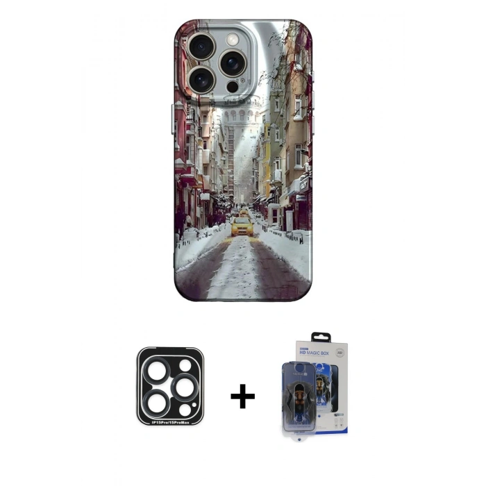 MARSİLYAN™- iPhone 15 Pro Max Kılıf Nova Doku Prime - Siyah Vanessa Magic Cam + Lacivert PVD Metal Kamera Lens