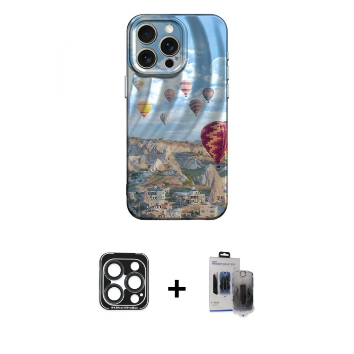 MARSİLYAN™- iPhone 15 Pro Max Kılıf Nova Doku Prime - Siyah Vanessa Magic Hayalet Cam + PVD Metal Kamera Lens - LT