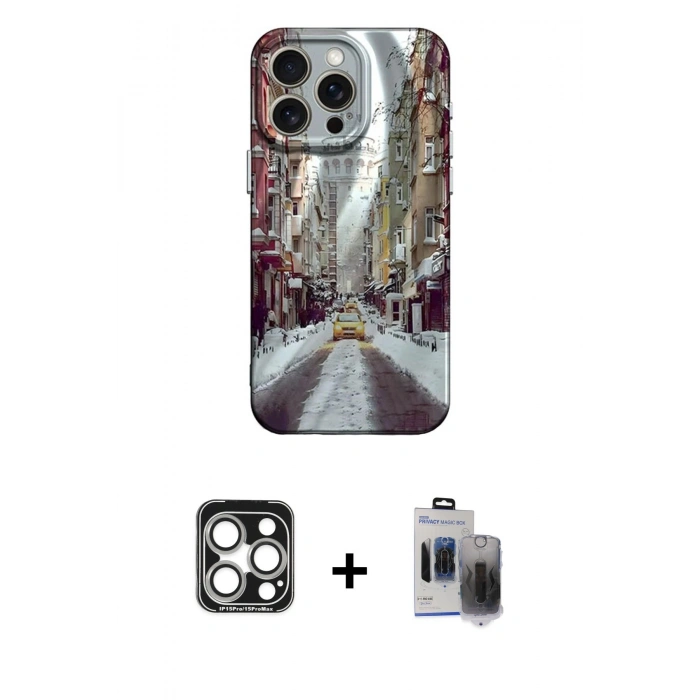 MARSİLYAN™- iPhone 15 Pro Max Kılıf Nova Doku Prime - Siyah Vanessa Magic Hayalet Cam + PVD Metal Kamera Lens - GS