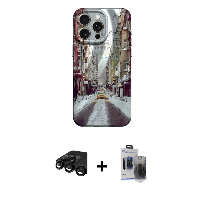 MARSİLYAN™- iPhone 15 Pro Max Kılıf Nova Doku Prime - Siyah Vanessa Magic Hayalet Cam + Raze Metal Kamera Lens - SH