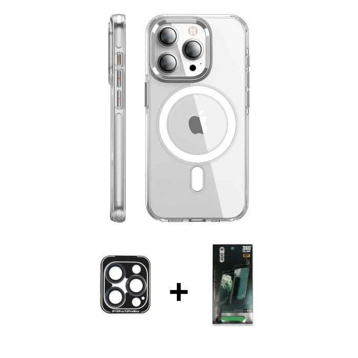 MARSİLYAN™- iPhone 15 Pro Max Kılıf Nova Doku - Şeffaf 360 Full Body Arka Koruyucu + PVD Metal Kamera Lens - LT