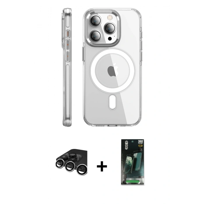 MARSİLYAN™- iPhone 15 Pro Max Kılıf Nova Doku - Şeffaf 360 Full Body Arka Koruyucu + Raze Metal Kamera Lens - GS