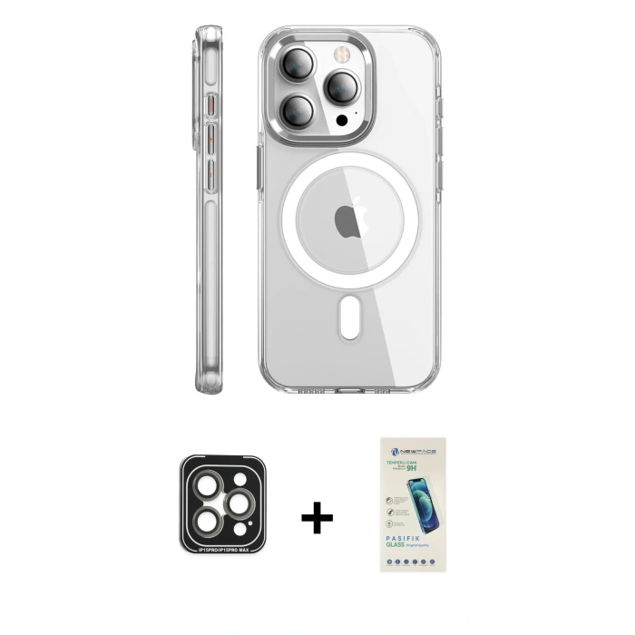 MARSİLYAN™- iPhone 15 Pro Max Kılıf Nova Doku - Şeffaf Pasifik Cam Ekran Koruyucu + PVD Metal Kamera Lens - GI