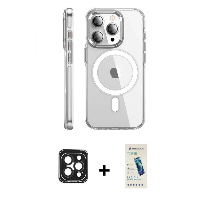 MARSİLYAN™- iPhone 15 Pro Max Kılıf Nova Doku - Şeffaf Pasifik Cam Ekran Koruyucu + PVD Metal Kamera Lens - SH