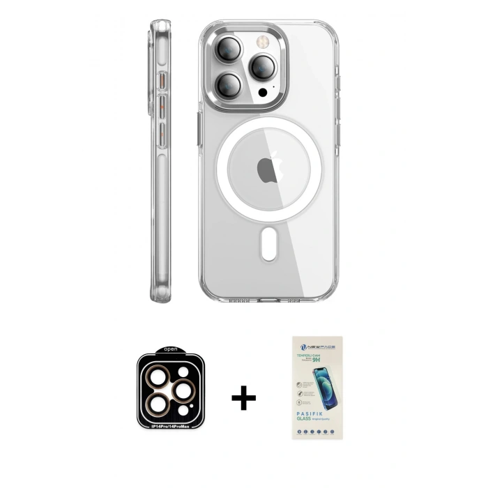 MARSİLYAN™- iPhone 15 Pro Max Kılıf Nova Doku - Şeffaf Pasifik Cam Ekran Koruyucu + PVD Metal Kamera Lens - TU