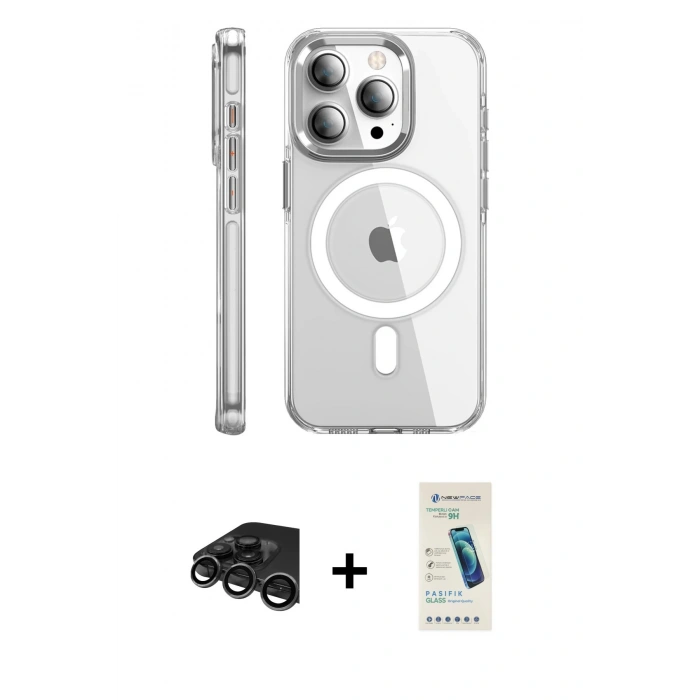 MARSİLYAN™- iPhone 15 Pro Max Kılıf Nova Doku - Şeffaf Pasifik Cam Ekran Koruyucu + Raze Metal Kamera Lens - TMGI