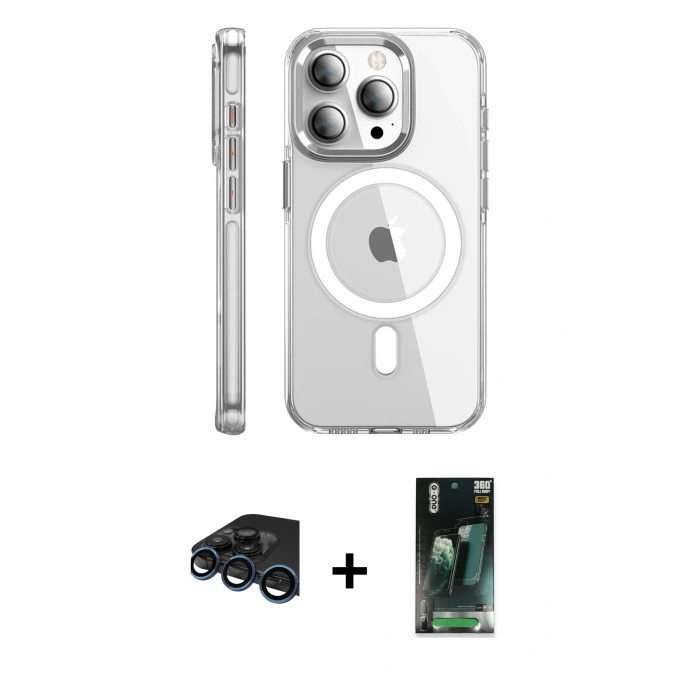 MARSİLYAN™- iPhone 15 Pro Max Kılıf Nova Doku - Siyah 360 Mat Full Body Arka Koruyucu + Raze Metal Kamera Lens - LT