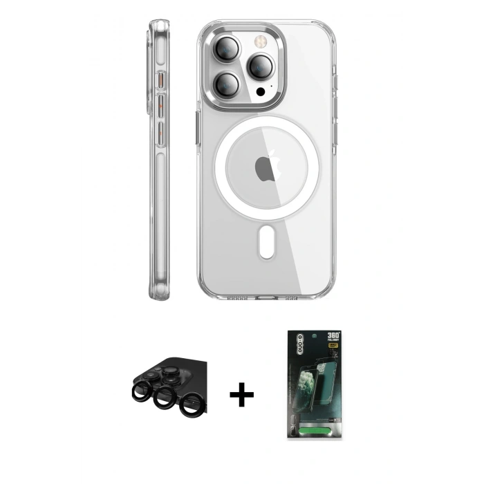 MARSİLYAN™- iPhone 15 Pro Max Kılıf Nova Doku - Siyah 360 Mat Full Body Arka Koruyucu + Raze Metal Kamera Lens - SH