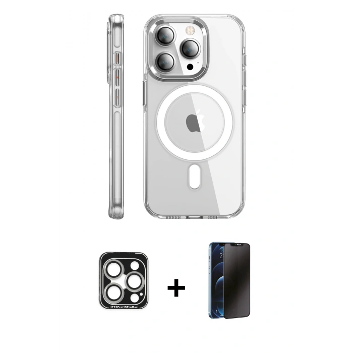 MARSİLYAN™- iPhone 15 Pro Max Kılıf Nova Doku - Siyah 3D Antistatik Hayalet Cam Ekran Koruyucu + Gümüş PVD Metal Kamera Lens