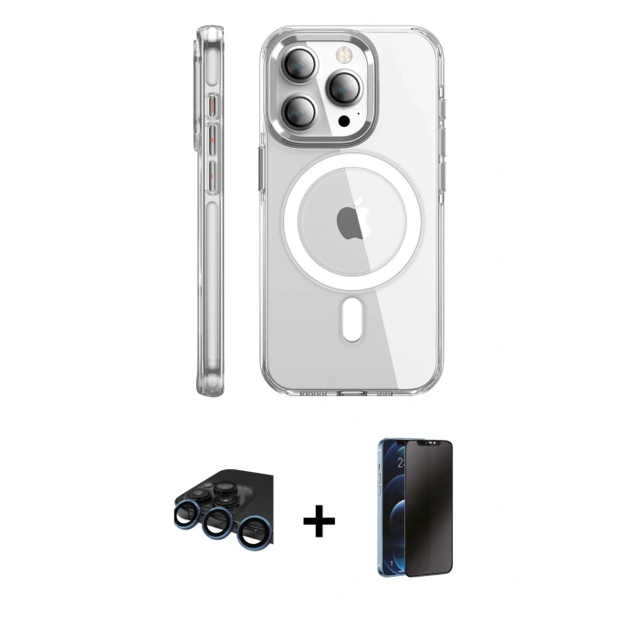 MARSİLYAN™- iPhone 15 Pro Max Kılıf Nova Doku - Siyah 3D Antistatik Hayalet Cam Ekran Koruyucu + Lacivert Raze Metal Kamera Lens
