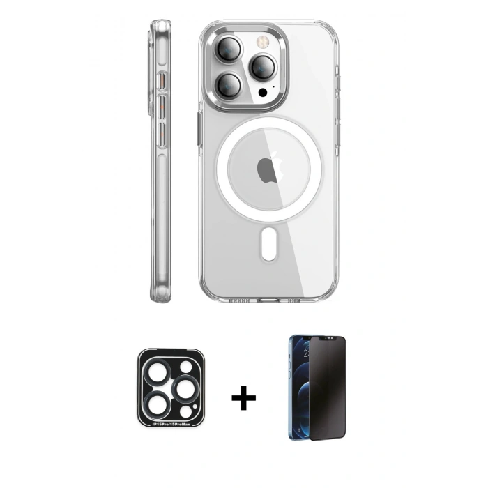 MARSİLYAN™- iPhone 15 Pro Max Kılıf Nova Doku - Siyah 3D Antistatik Hayalet Cam Ekran Koruyucu + PVD Metal Kamera Lens - LT