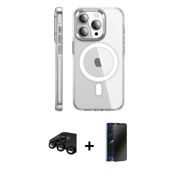 MARSİLYAN™- iPhone 15 Pro Max Kılıf Nova Doku - Siyah 3D Antistatik Hayalet Cam Ekran Koruyucu + Raze Metal Kamera Lens - SH
