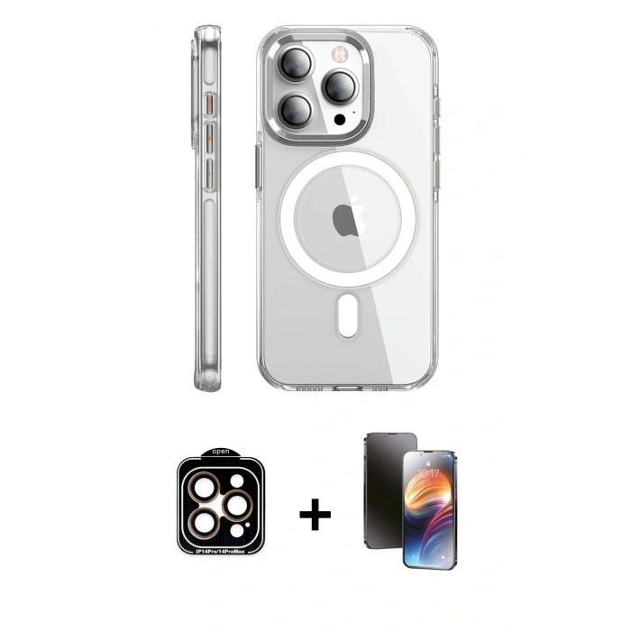 MARSİLYAN™- iPhone 15 Pro Max Kılıf Nova Doku - Siyah 3D Antistatik Mat Seramik Nano Ekran Koruyucu + Turuncu PVD Metal Kamera Lens