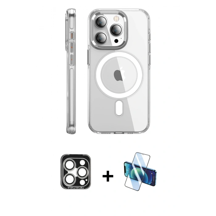 MARSİLYAN™- iPhone 15 Pro Max Kılıf Nova Doku - Siyah 3D Antistatik Seramik Nano Ekran Koruyucu + PVD Metal Kamera Lens - GS