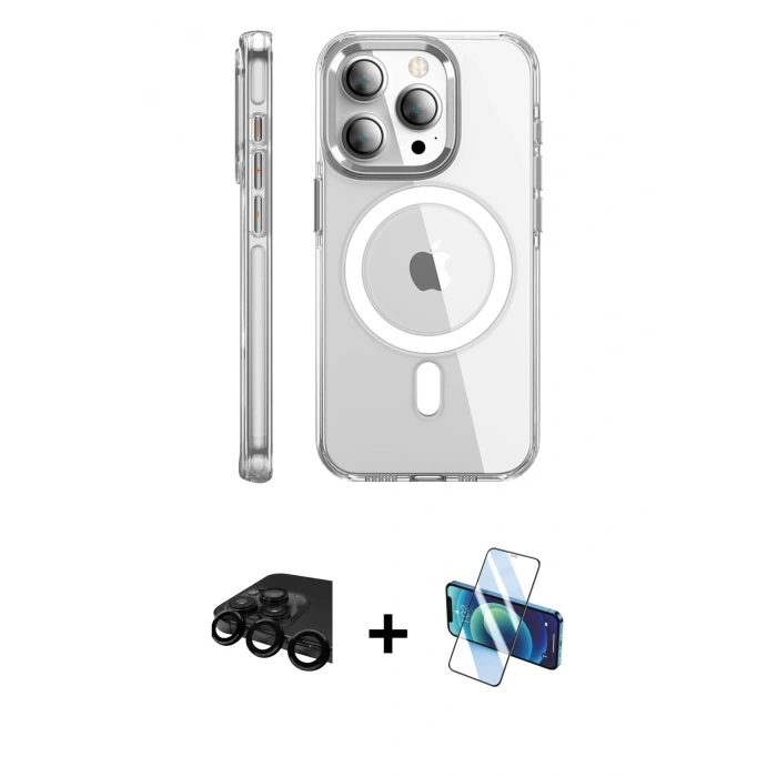 MARSİLYAN™- iPhone 15 Pro Max Kılıf Nova Doku - Siyah 3D Antistatik Seramik Nano Ekran Koruyucu + Raze Metal Kamera Lens - SH