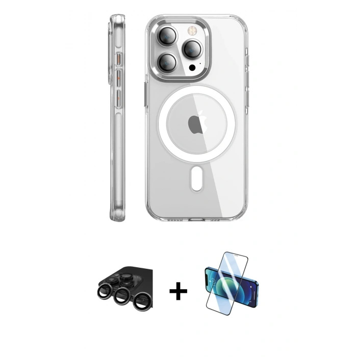 MARSİLYAN™- iPhone 15 Pro Max Kılıf Nova Doku - Siyah 3D Antistatik Seramik Nano Ekran Koruyucu + Raze Metal Kamera Lens - TMGI
