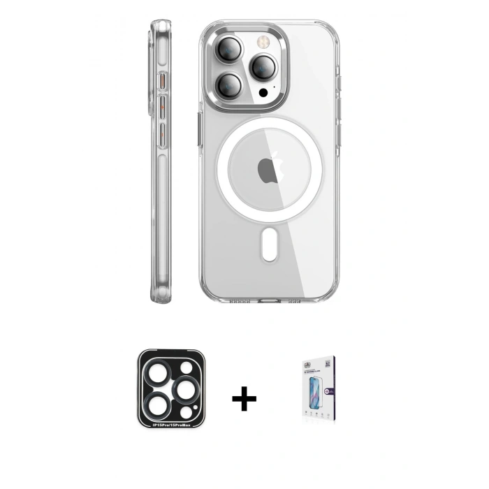 MARSİLYAN™- iPhone 15 Pro Max Kılıf Nova Doku - Siyah Bilvis 0.18mm Plus Cam Ekran Koruyucu + PVD Metal Kamera Lens - LT