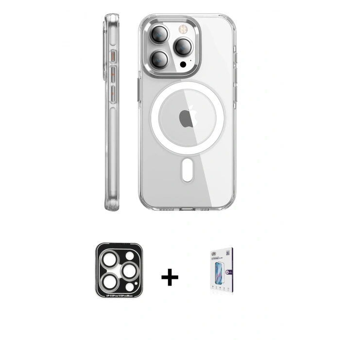 MARSİLYAN™- iPhone 15 Pro Max Kılıf Nova Doku - Siyah Bilvis 0.18mm Plus Cam Ekran Koruyucu + PVD Metal Kamera Lens - GS