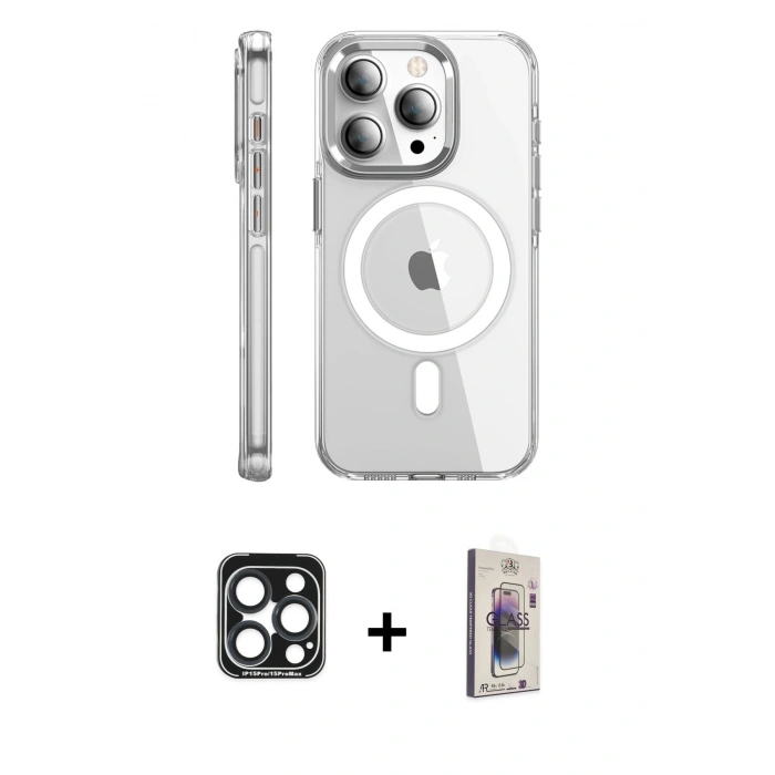 MARSİLYAN™- iPhone 15 Pro Max Kılıf Nova Doku - Siyah Bilvis 3D Cam Ekran Koruyucu + PVD Metal Kamera Lens - LT