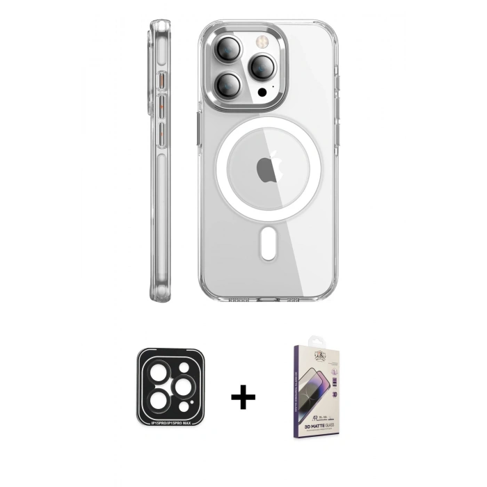 MARSİLYAN™- iPhone 15 Pro Max Kılıf Nova Doku - Siyah Bilvis 3D Mat Cam Ekran Koruyucu + Siyah PVD Metal Kamera Lens