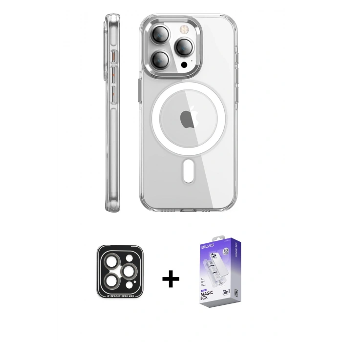 MARSİLYAN™- iPhone 15 Pro Max Kılıf Nova Doku - Siyah Bilvis 5in1 3D Magic Cam Ekran Koruyucu + PVD Metal Kamera Lens - GI