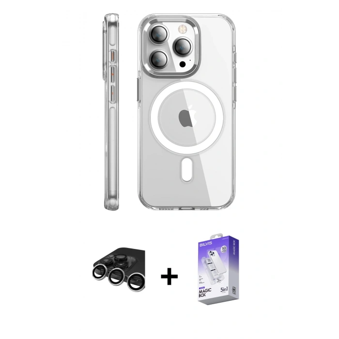 MARSİLYAN™- iPhone 15 Pro Max Kılıf Nova Doku - Siyah Bilvis 5in1 3D Magic Cam Ekran Koruyucu + Raze Metal Kamera Lens - GS