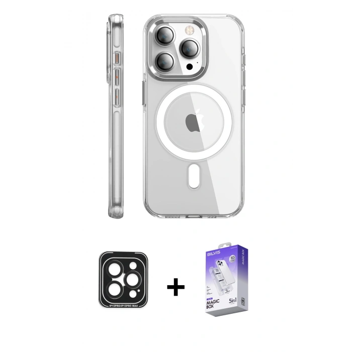 MARSİLYAN™- iPhone 15 Pro Max Kılıf Nova Doku - Siyah Bilvis 5in1 3D Magic Cam Ekran Koruyucu + PVD Metal Kamera Lens - SH