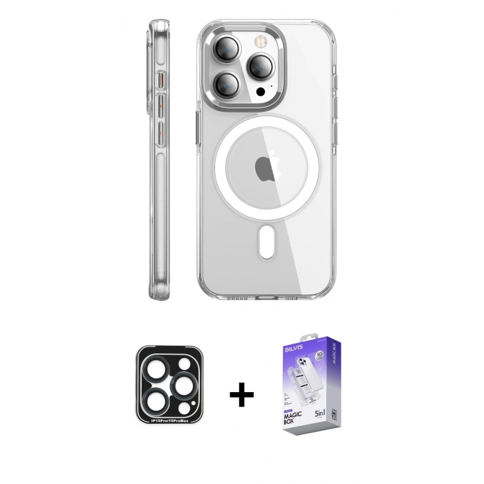 MARSİLYAN™- iPhone 15 Pro Max Kılıf Nova Doku - Siyah Bilvis 5in1 3D Magic Cam Ekran Koruyucu + PVD Metal Kamera Lens - LT