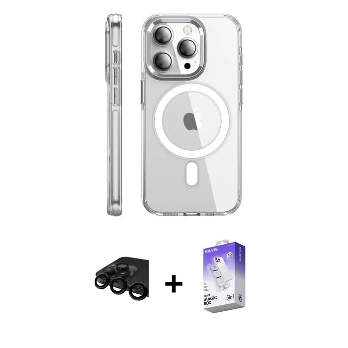 MARSİLYAN™- iPhone 15 Pro Max Kılıf Nova Doku - Siyah Bilvis 5in1 3D Magic Cam Ekran Koruyucu + Raze Metal Kamera Lens - SH