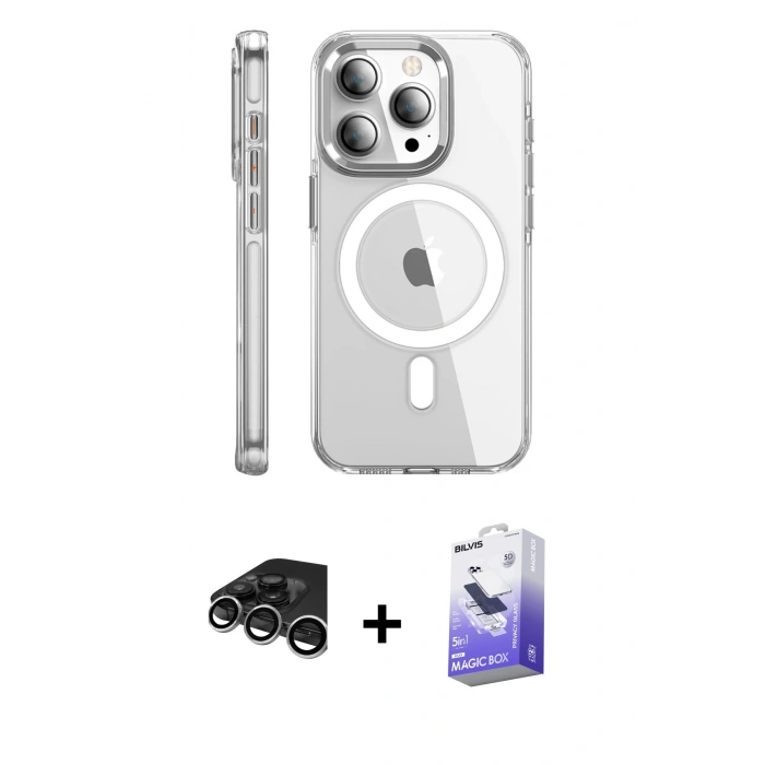 MARSİLYAN™- iPhone 15 Pro Max Kılıf Nova Doku - Siyah Bilvis 5in1 5D Magic Hayalet Cam Ekran Koruyucu + Raze Metal Kamera Lens - GS