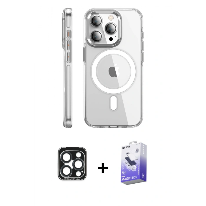 MARSİLYAN™- iPhone 15 Pro Max Kılıf Nova Doku - Siyah Bilvis 5in1 5D Magic Hayalet Cam Ekran Koruyucu + Lacivert PVD Metal Kamera Lens