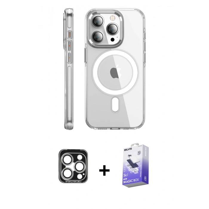 MARSİLYAN™- iPhone 15 Pro Max Kılıf Nova Doku - Siyah Bilvis 5in1 5D Magic Hayalet Cam Ekran Koruyucu + PVD Metal Kamera Lens - GS